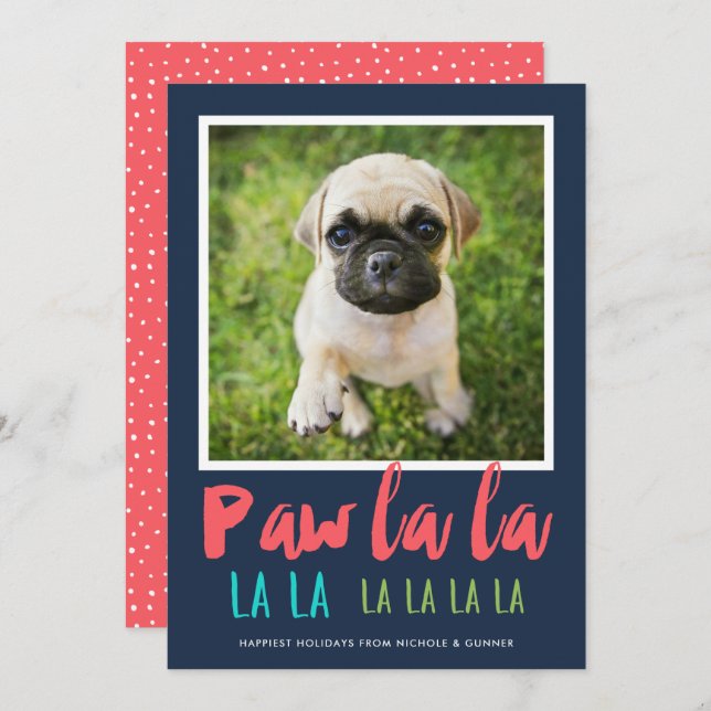 Paw La La Pet Photo Modern Christmas Coral Holiday Card (Front/Back)