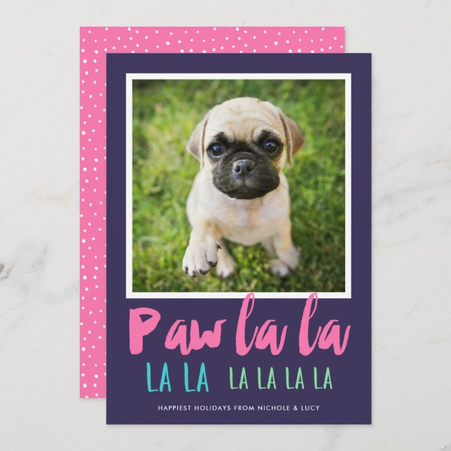 Paw La La Pet Photo Modern Christmas Pink Holiday Card (Front/Back)