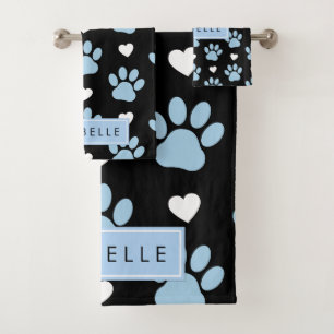 Paw Pattern, Blue Paws, White Hearts, Your Name Bath Towel Set