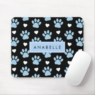 Paw Pattern, Blue Paws, White Hearts, Your Name Mouse Pad