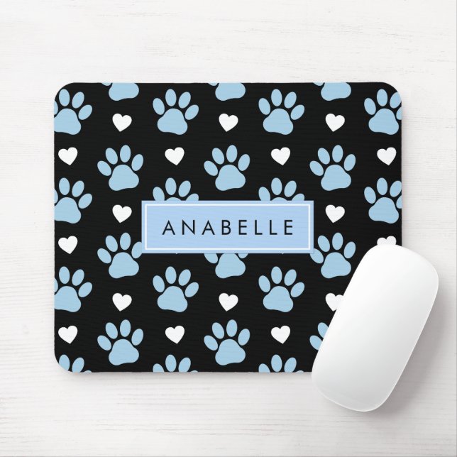 Paw Pattern, Blue Paws, White Hearts, Your Name Mouse Pad (With Mouse)