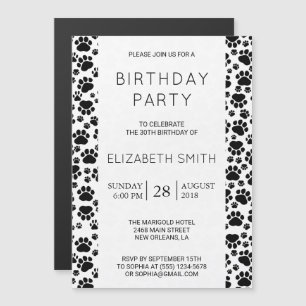 Paw Pattern, Dog Paws, Black and White, Birthday Magnetic Invitation