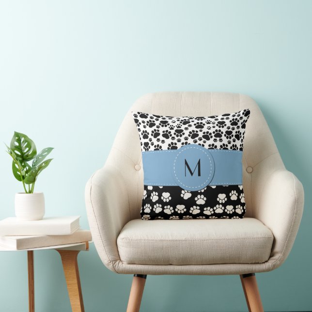 Paw Pattern, Dog Paws, Black and White, Monogram Cushion (Chair)