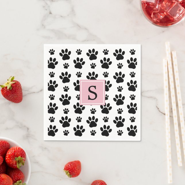 Paw Pattern, Dog Paws, Black and White, Monogram Napkin (Insitu)