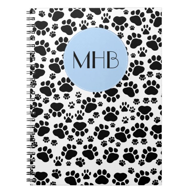 Paw Pattern, Dog Paws, Black and White, Monogram Notebook (Front)