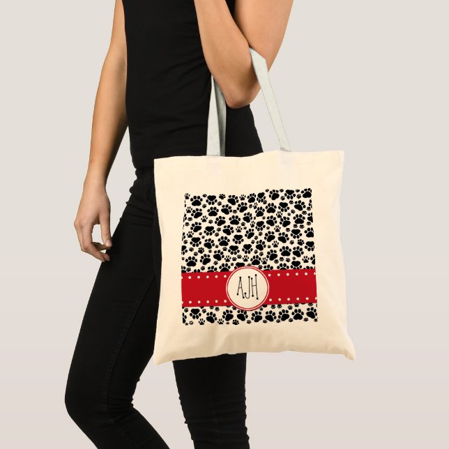 Paw Pattern, Dog Paws, Black and White, Monogram Tote Bag (Front (Product))