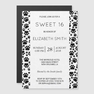 Paw Pattern, Dog Paws, Black and White, Sweet 16 Magnetic Invitation