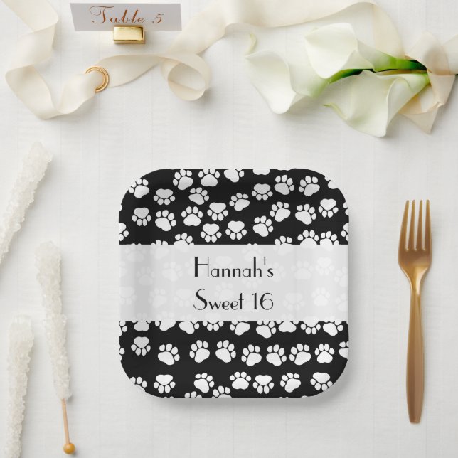 Paw Pattern, Dog Paws, Black and White, Sweet 16 Paper Plate (Wedding)