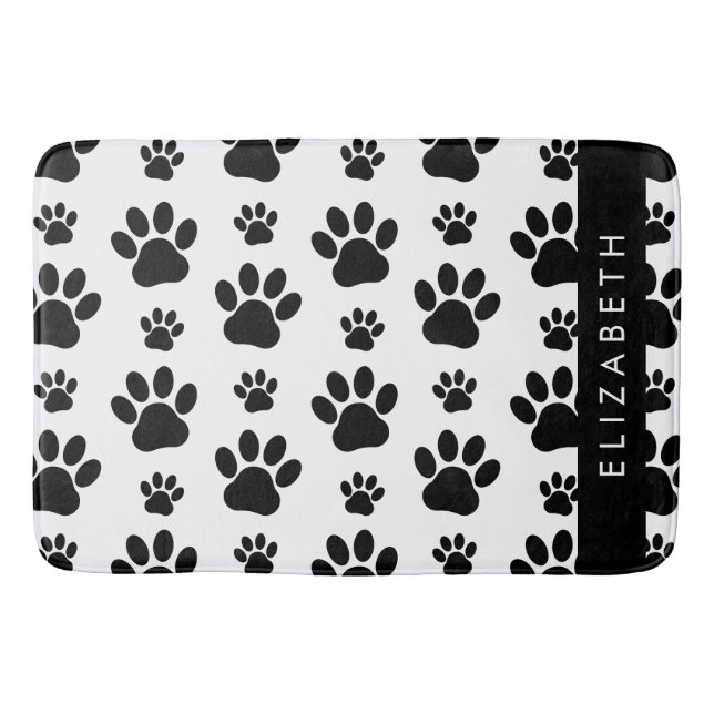 Paw Pattern, Dog Paws, Black and White, Your Name Bath Mat (Front)