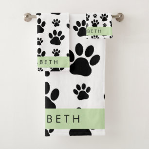 Paw Pattern, Dog Paws, Black and White, Your Name Bath Towel Set