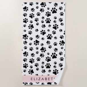 Paw Pattern, Dog Paws, Black and White, Your Name Beach Towel