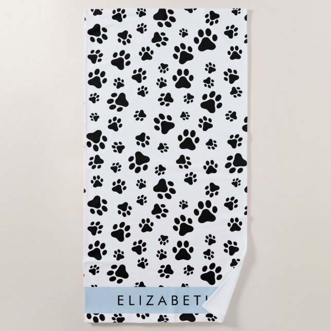 Paw Pattern, Dog Paws, Black and White, Your Name Beach Towel (Front)