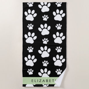 Paw Pattern, Dog Paws, Black and White, Your Name Beach Towel