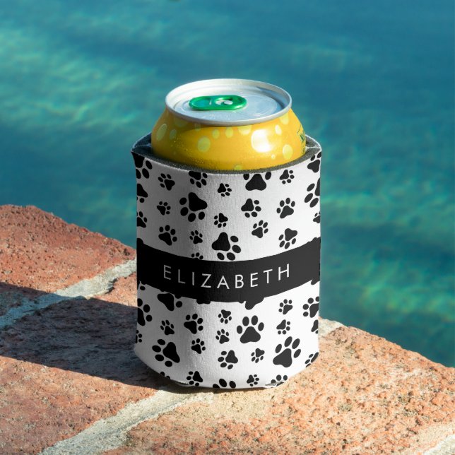 Paw Pattern, Dog Paws, Black and White, Your Name Can Cooler (In Situ Pool)
