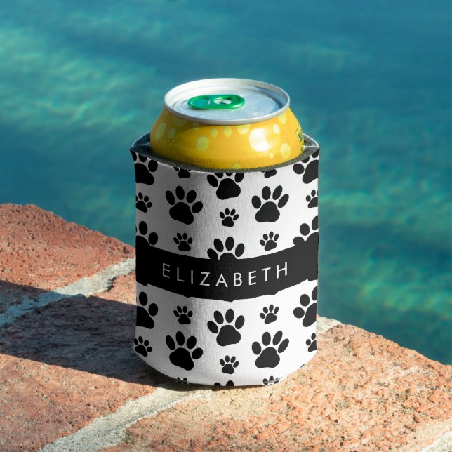 Paw Pattern, Dog Paws, Black and White, Your Name Can Cooler (In Situ Pool)