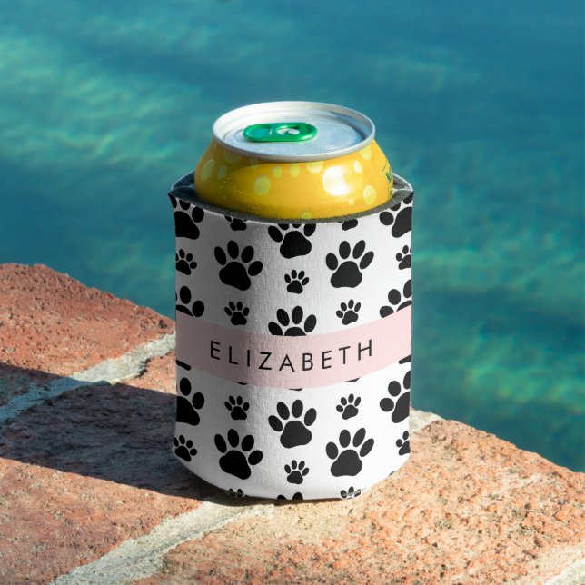 Paw Pattern, Dog Paws, Black and White, Your Name Can Cooler (In Situ Pool)