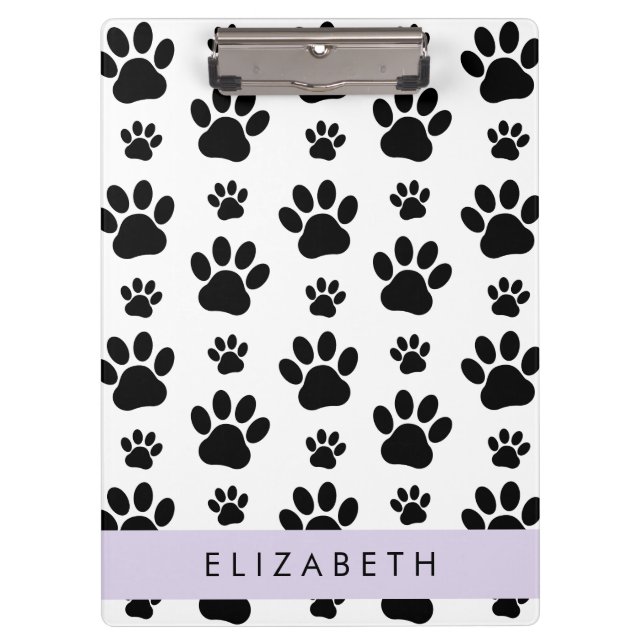 Paw Pattern, Dog Paws, Black and White, Your Name Clipboard (Front)
