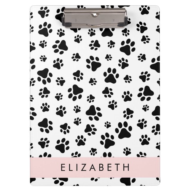 Paw Pattern, Dog Paws, Black and White, Your Name Clipboard (Front)