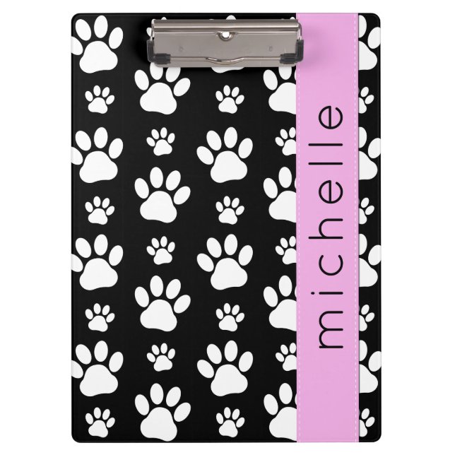 Paw Pattern, Dog Paws, Black and White, Your Name Clipboard (Front)