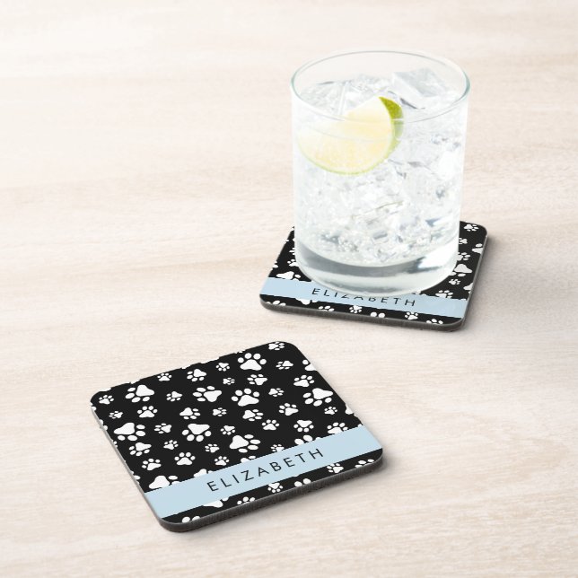 Paw Pattern, Dog Paws, Black and White, Your Name Coaster (Right Side)