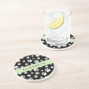 Paw Pattern, Dog Paws, Black and White, Your Name Coaster