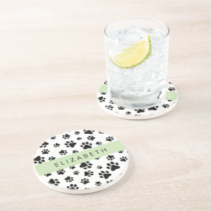 Paw Pattern, Dog Paws, Black and White, Your Name Coaster