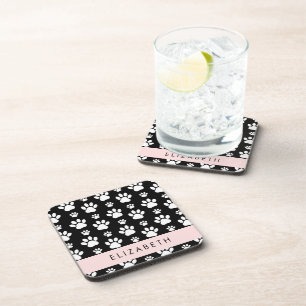Paw Pattern, Dog Paws, Black and White, Your Name Coaster