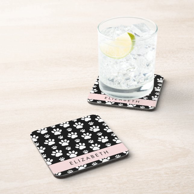 Paw Pattern, Dog Paws, Black and White, Your Name Coaster (Right Side)