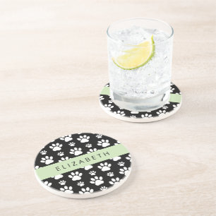 Paw Pattern, Dog Paws, Black and White, Your Name Coaster