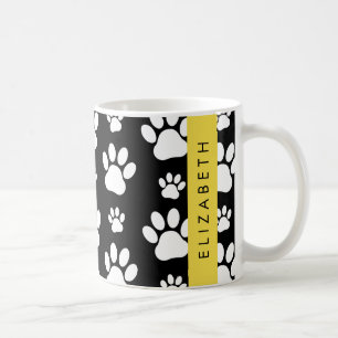 Paw Pattern, Dog Paws, Black and White, Your Name Coffee Mug