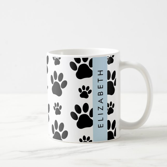 Paw Pattern, Dog Paws, Black and White, Your Name Coffee Mug (Right)