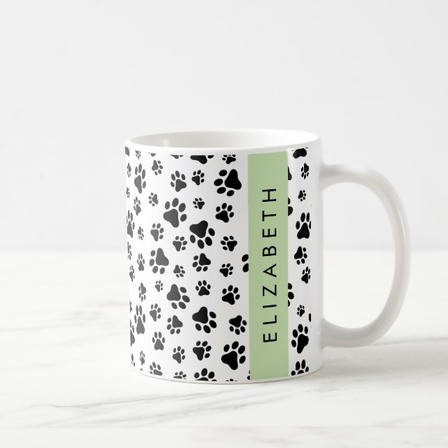Paw Pattern, Dog Paws, Black and White, Your Name Coffee Mug (Right)
