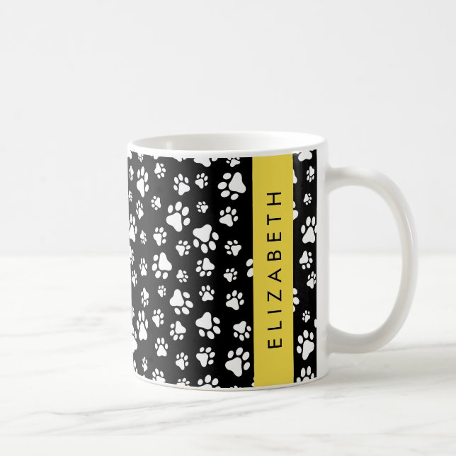 Paw Pattern, Dog Paws, Black and White, Your Name Coffee Mug (Right)