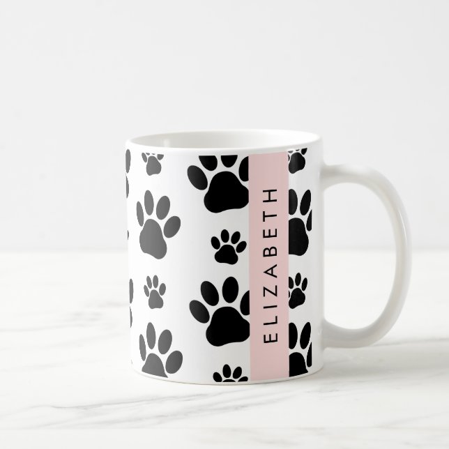 Paw Pattern, Dog Paws, Black and White, Your Name Coffee Mug (Right)