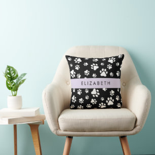 Paw Pattern, Dog Paws, Black and White, Your Name Cushion