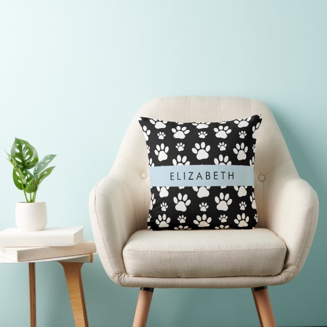 Paw Pattern, Dog Paws, Black and White, Your Name Cushion (Chair)
