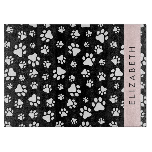 Paw Pattern, Dog Paws, Black and White, Your Name Cutting Board (Front)