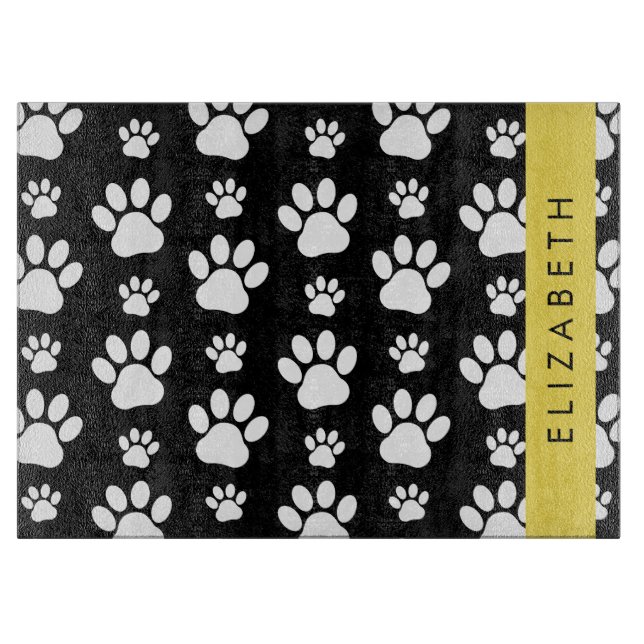 Paw Pattern, Dog Paws, Black and White, Your Name Cutting Board (Front)