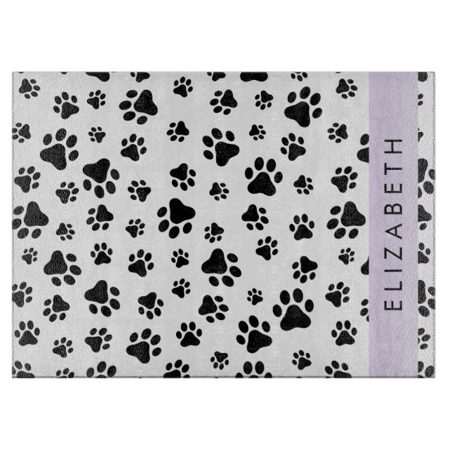 Paw Pattern, Dog Paws, Black and White, Your Name Cutting Board (Front)