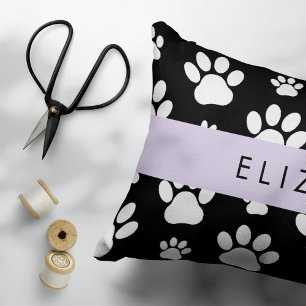 Paw Pattern, Dog Paws, Black and White, Your Name Decorative Cushion