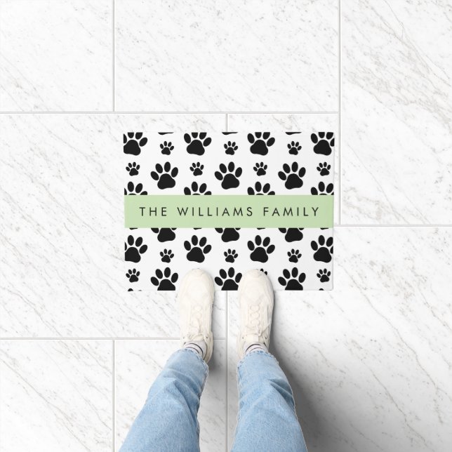 Paw Pattern, Dog Paws, Black and White, Your Name Doormat (Indoor)