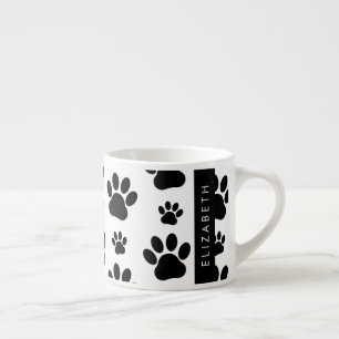 Paw Pattern, Dog Paws, Black and White, Your Name Espresso Cup
