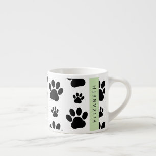 Paw Pattern, Dog Paws, Black and White, Your Name Espresso Cup