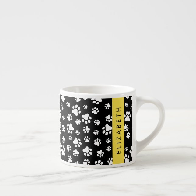 Paw Pattern, Dog Paws, Black and White, Your Name Espresso Cup (Right)