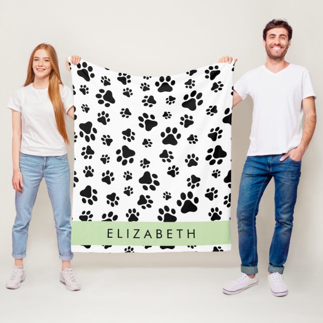 Paw Pattern, Dog Paws, Black and White, Your Name Fleece Blanket (In Situ)
