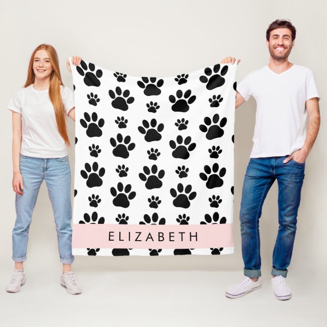 Paw Pattern, Dog Paws, Black and White, Your Name Fleece Blanket (In Situ)