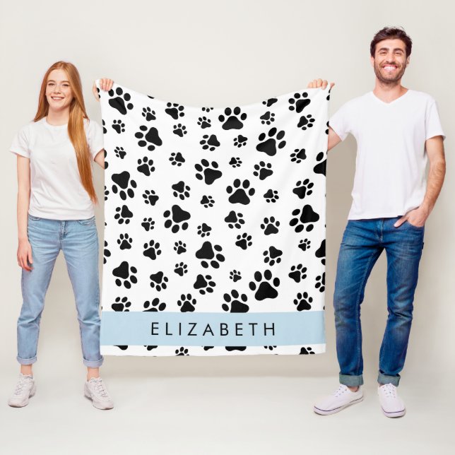Paw Pattern, Dog Paws, Black and White, Your Name Fleece Blanket (In Situ)