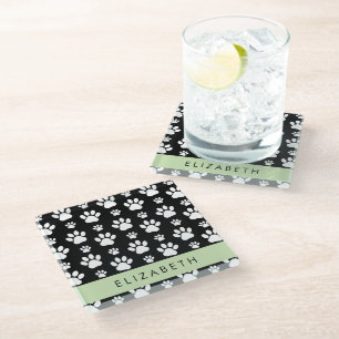 Paw Pattern, Dog Paws, Black and White, Your Name Glass Coaster