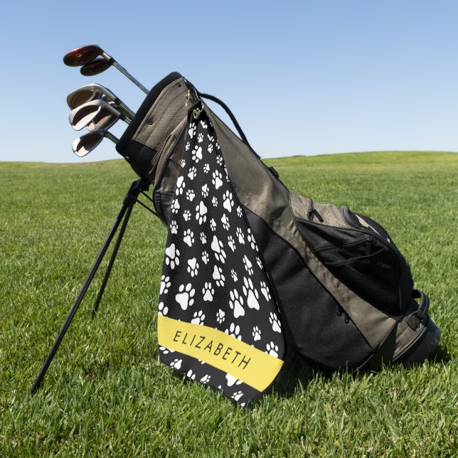 Paw Pattern, Dog Paws, Black and White, Your Name Golf Towel (Green)