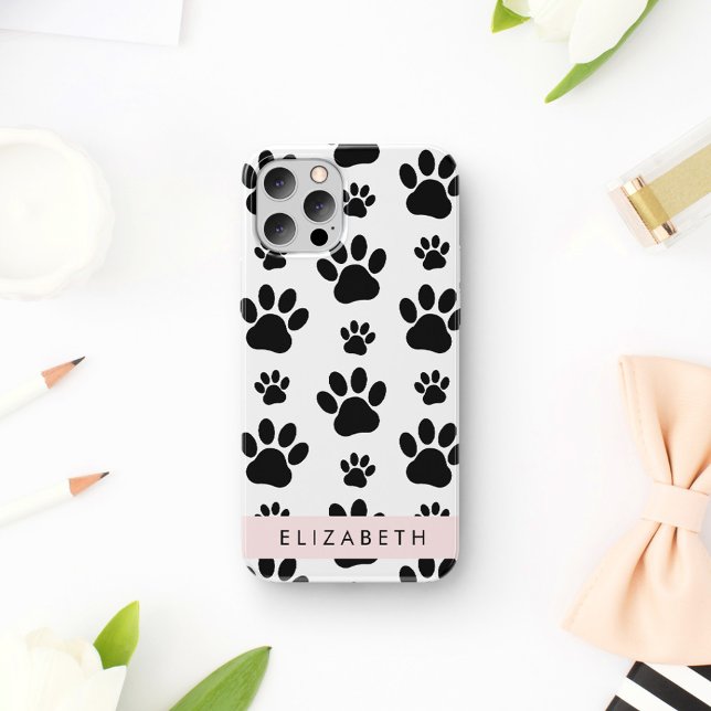 Paw Pattern, Dog Paws, Black and White, Your Name iPhone 16 Case (Creator Uploaded)